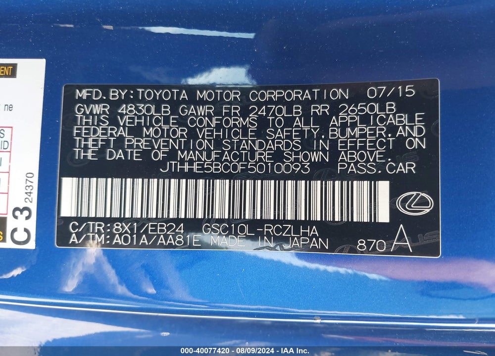 2015 LEXUS RC 350 VIN: JTHHE5BC0F5010093