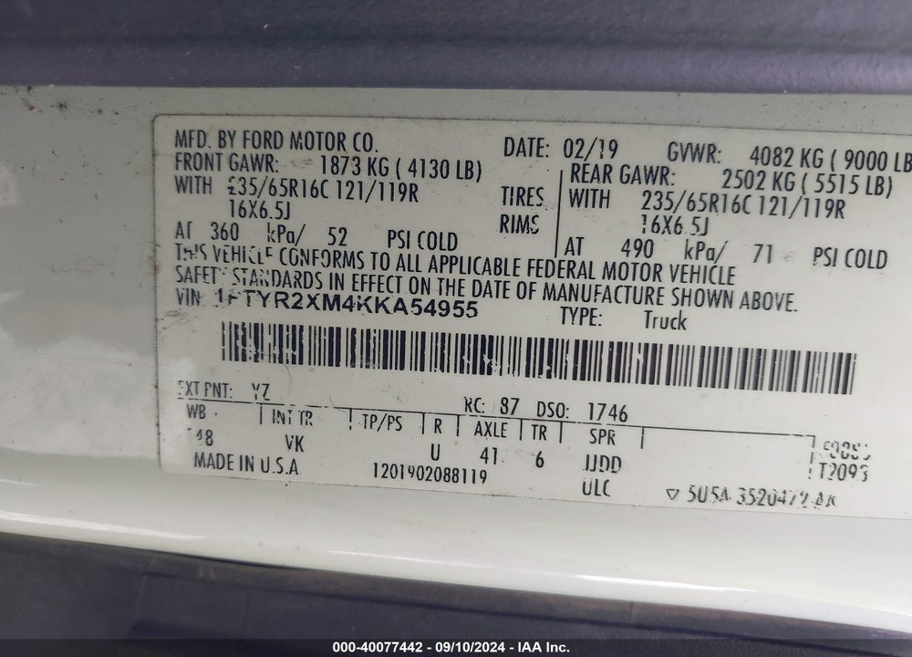 2019 FORD TRANSIT-250 VIN: 1FTYR2XM4KKA54955