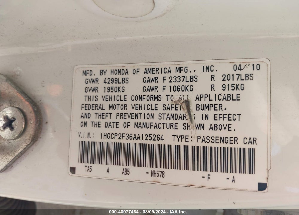 2010 HONDA ACCORD 2.4 LX VIN: 1HGCP2F36AA125264