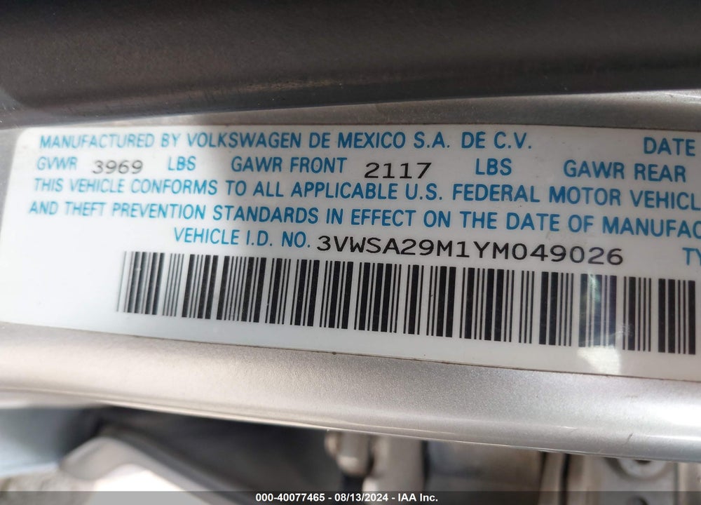 2000 VOLKSWAGEN JETTA GLS VIN: 3VWSA29M1YM049026