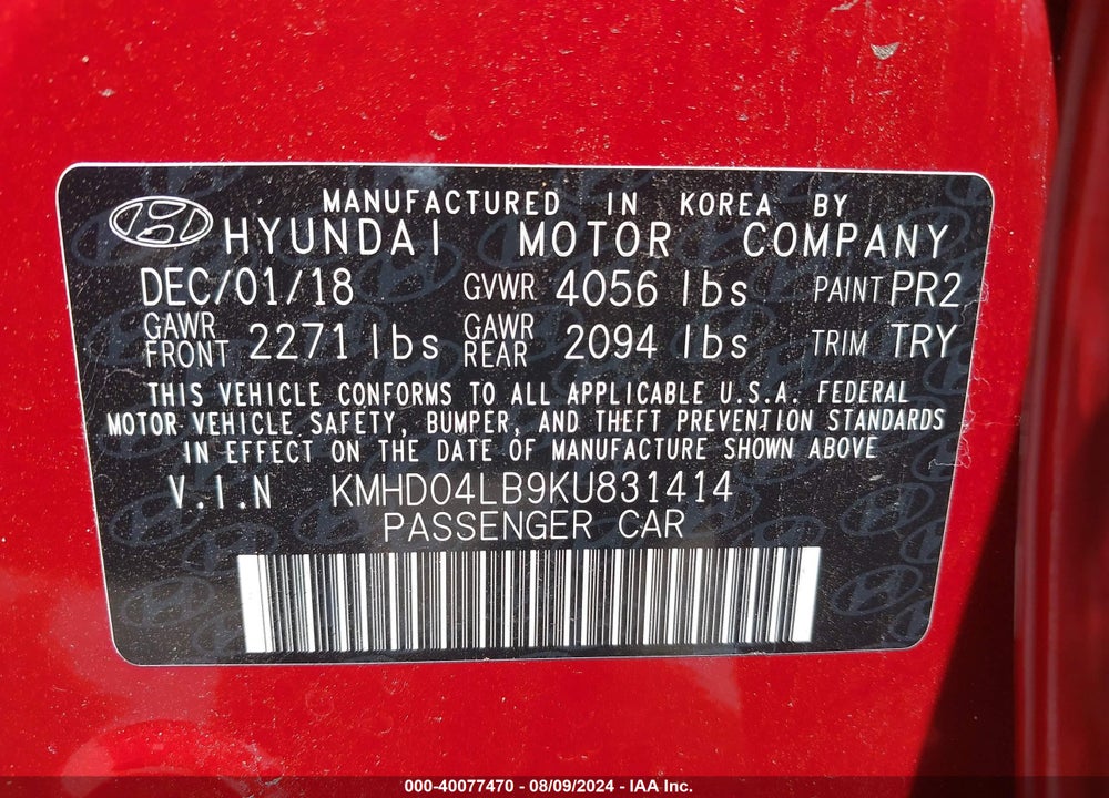 2019 HYUNDAI ELANTRA SPORT VIN: KMHD04LB9KU831414