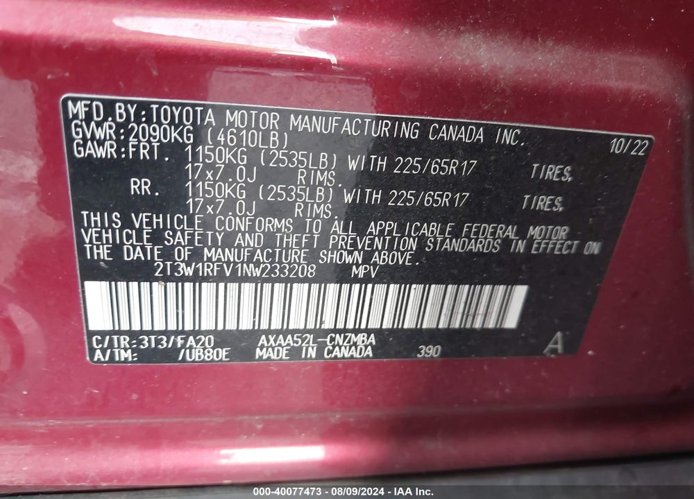 2022 TOYOTA RAV4 XLE VIN: 2T3W1RFV1NW233208
