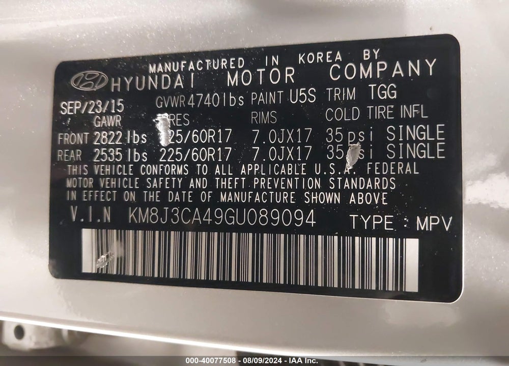 2016 HYUNDAI TUCSON SE VIN: KM8J3CA49GU089094
