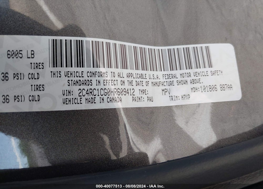 2017 CHRYSLER PACIFICA LX VIN: 2C4RC1CG0HR609412