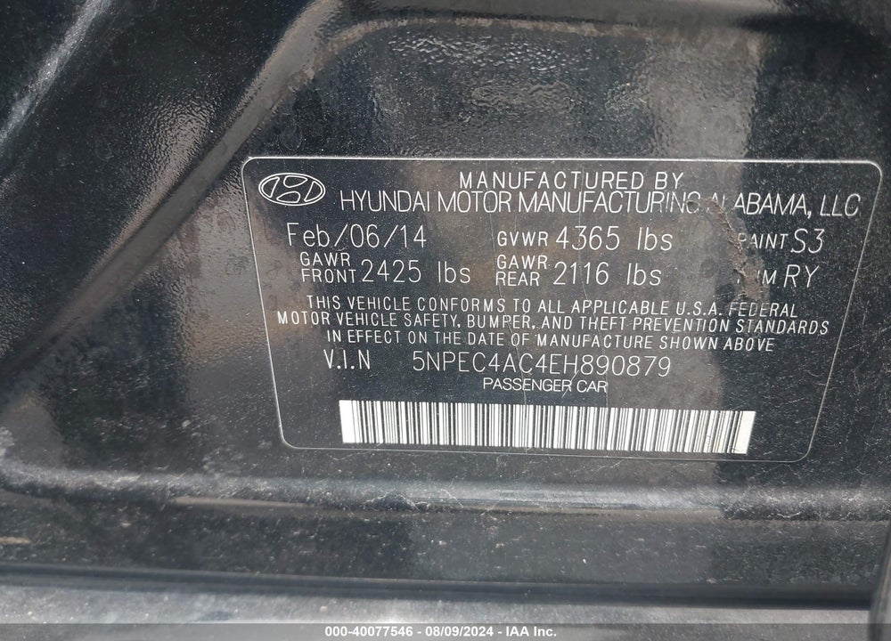 2014 HYUNDAI SONATA SE VIN: 5NPEC4AC4EH890879