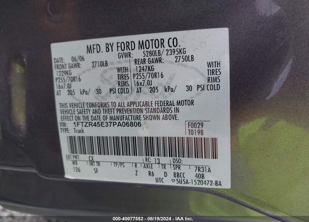 2007 FORD RANGER FX4 LEVEL II/FX4 OFF-ROAD/SPORT/XLT VIN: 1FTZR45E37PA06806