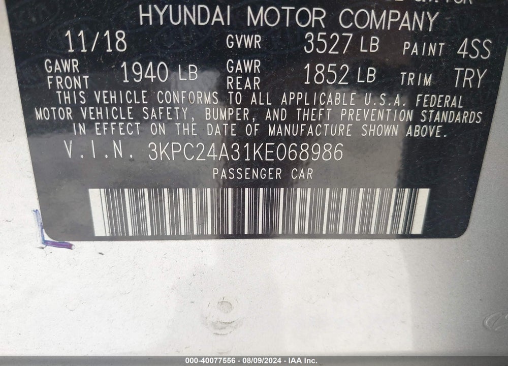 2019 HYUNDAI ACCENT SE VIN: 3KPC24A31KE068986