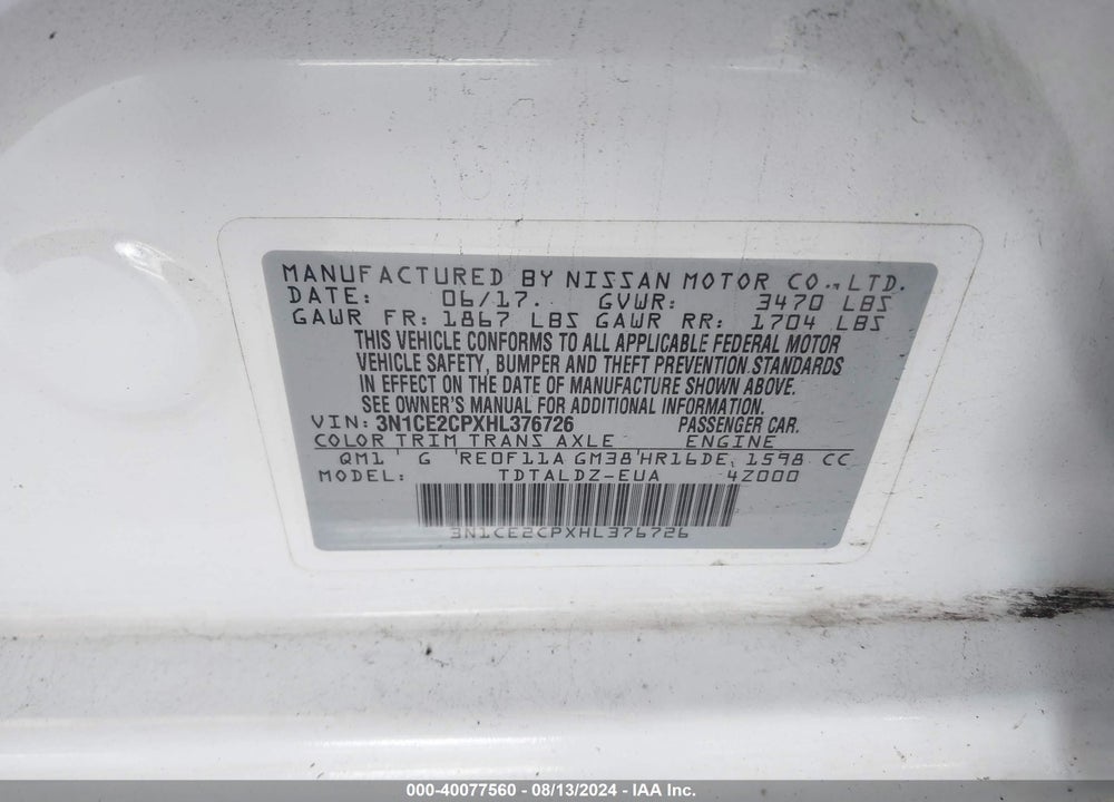 2017 NISSAN VERSA NOTE SV VIN: 3N1CE2CPXHL376726