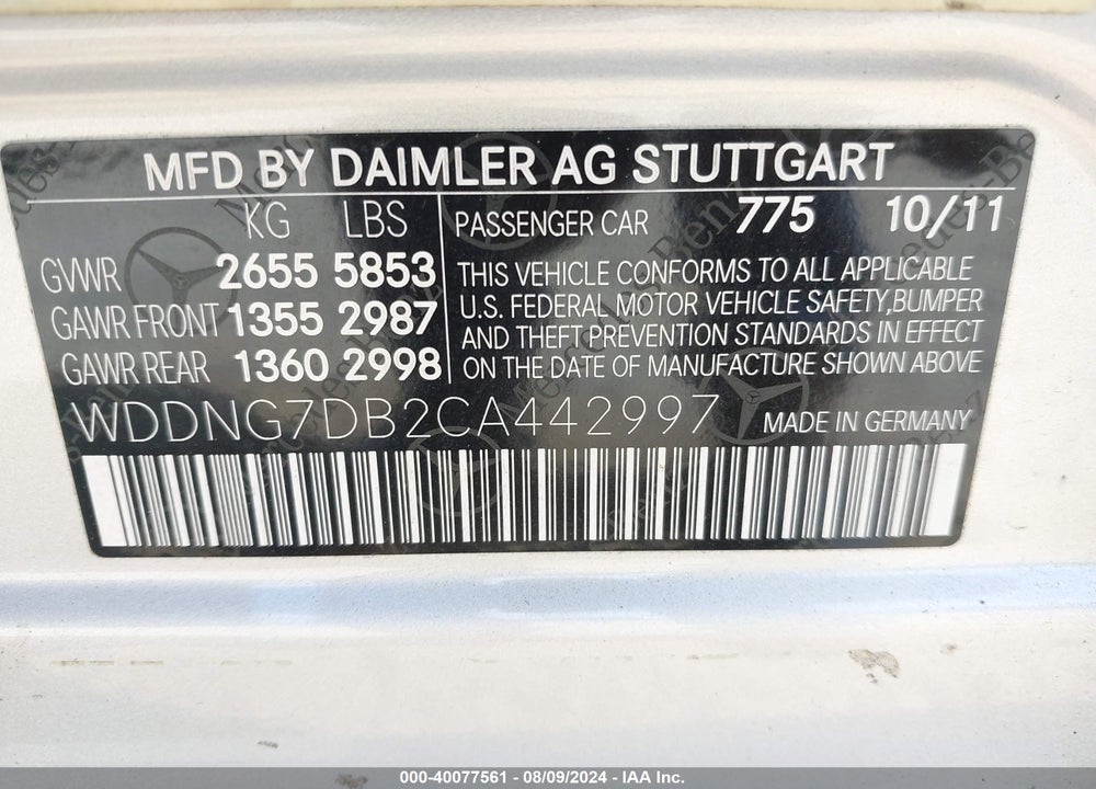 2012 MERCEDES-BENZ S 550 VIN: WDDNG7DB2CA442997