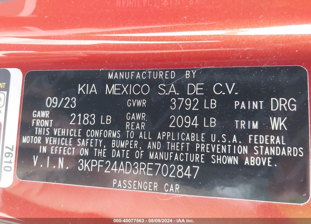 2024 KIA FORTE LXS VIN: 3KPF24AD3RE702847