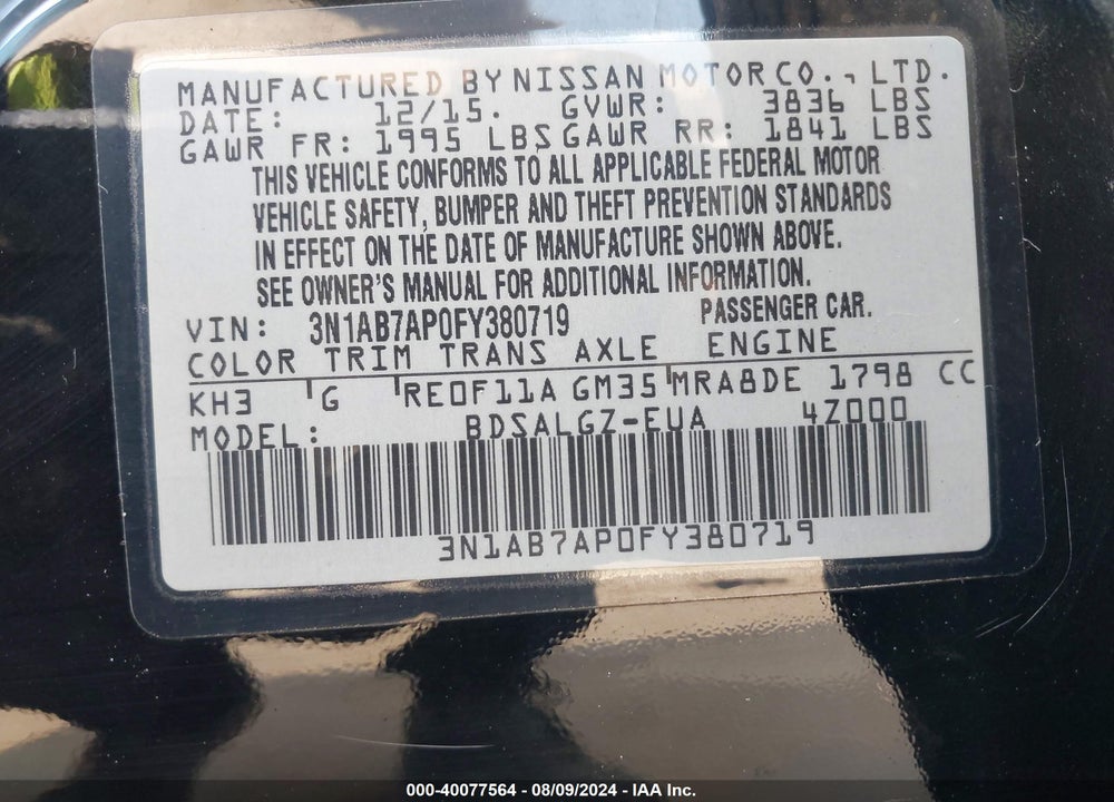 2015 NISSAN SENTRA SL VIN: 3N1AB7AP0FY380719