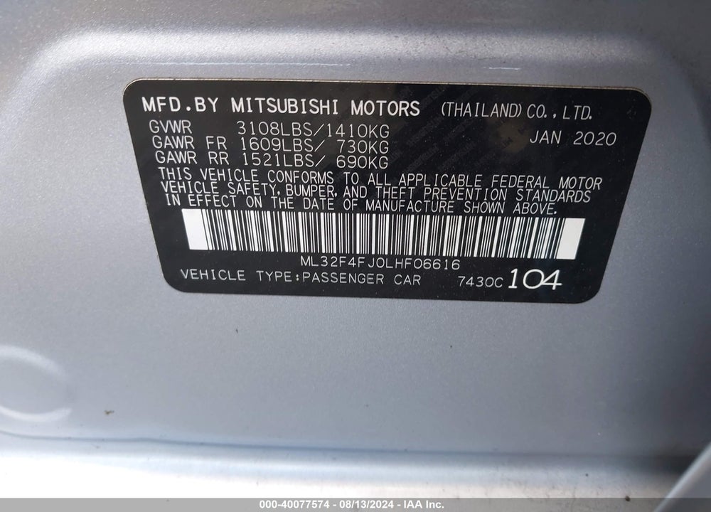 2020 MITSUBISHI MIRAGE G4 LE/SE VIN: ML32F4FJ0LHF06616