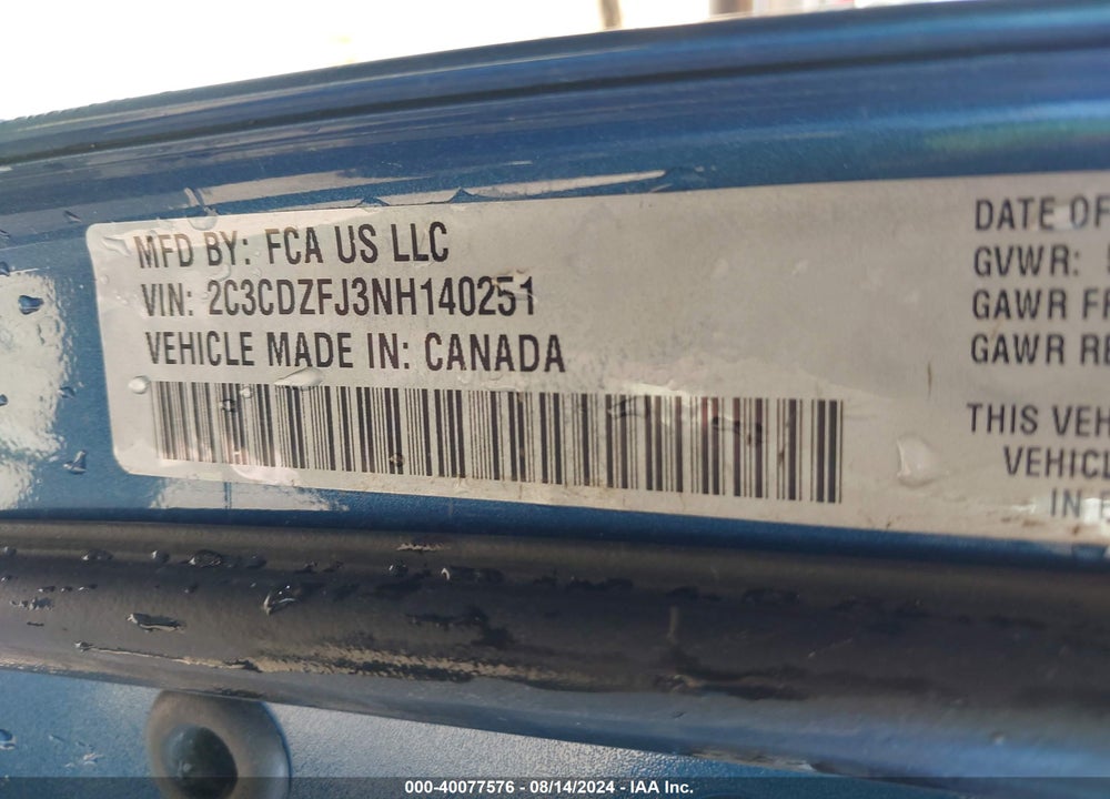 2022 DODGE CHALLENGER R/T SCAT PACK VIN: 2C3CDZFJ3NH140251