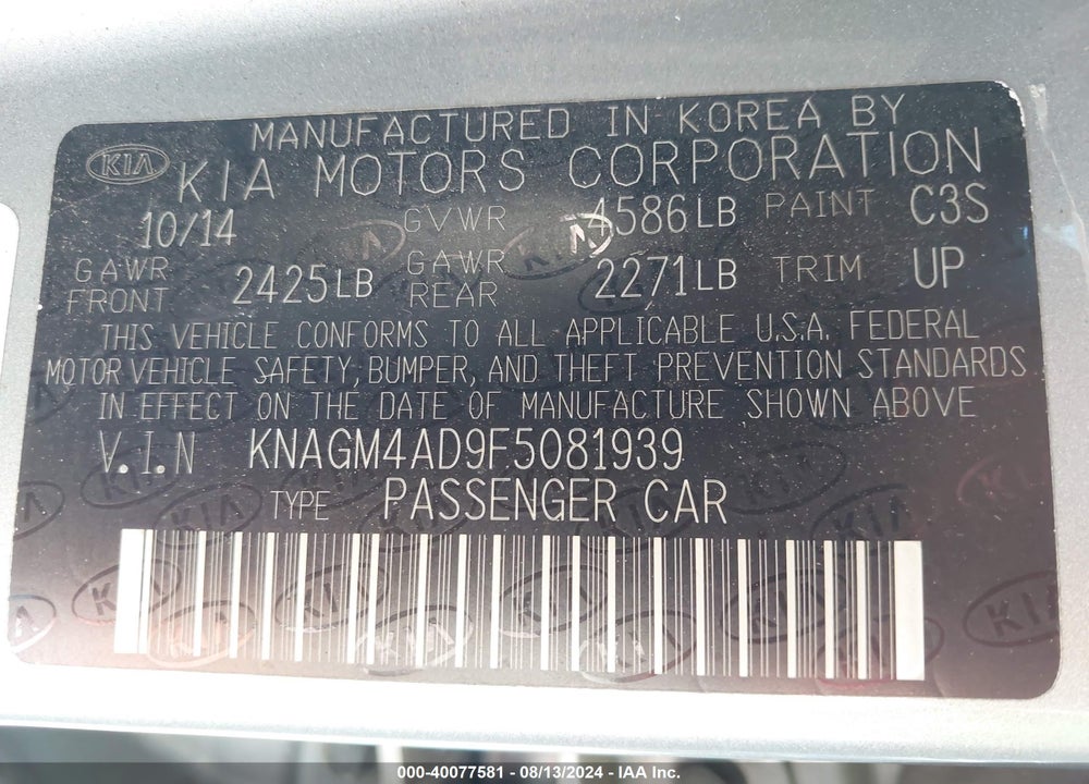 2015 KIA OPTIMA HYBRID VIN: KNAGM4AD9F5081939