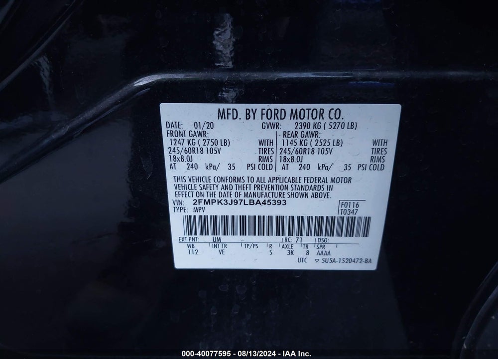 2020 FORD EDGE SEL VIN: 2FMPK3J97LBA45393