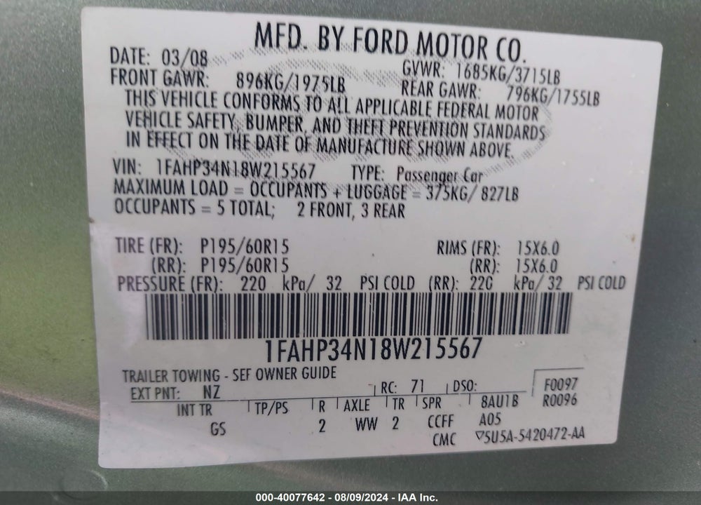 2008 FORD FOCUS S VIN: 1FAHP34N18W215567