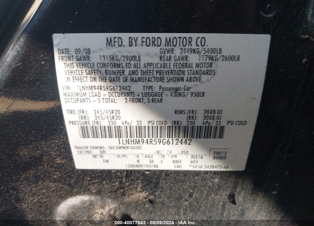 2009 LINCOLN MKS VIN: 1LNHM94R59G612442