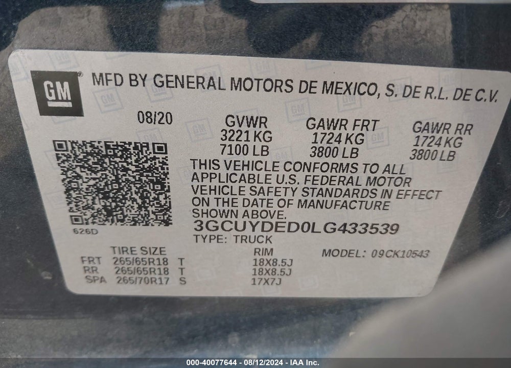 2020 CHEVROLET SILVERADO 1500 4WD SHORT BED LT VIN: 3GCUYDED0LG433539