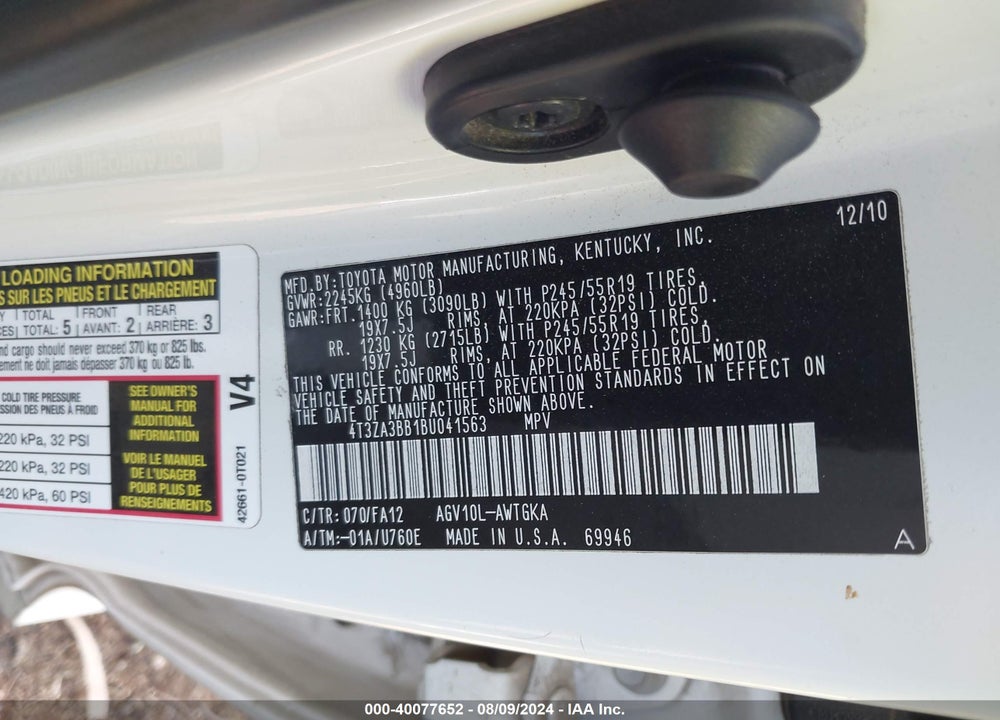 2011 TOYOTA VENZA VIN: 4T3ZA3BB1BU041563