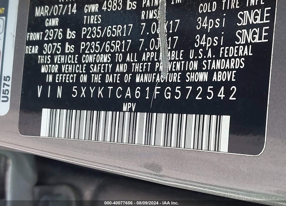 2015 KIA SORENTO LX VIN: 5XYKTCA61FG572542