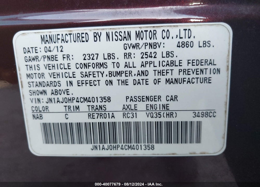 2012 INFINITI EX35 JOURNEY VIN: JN1AJ0HP4CM401358