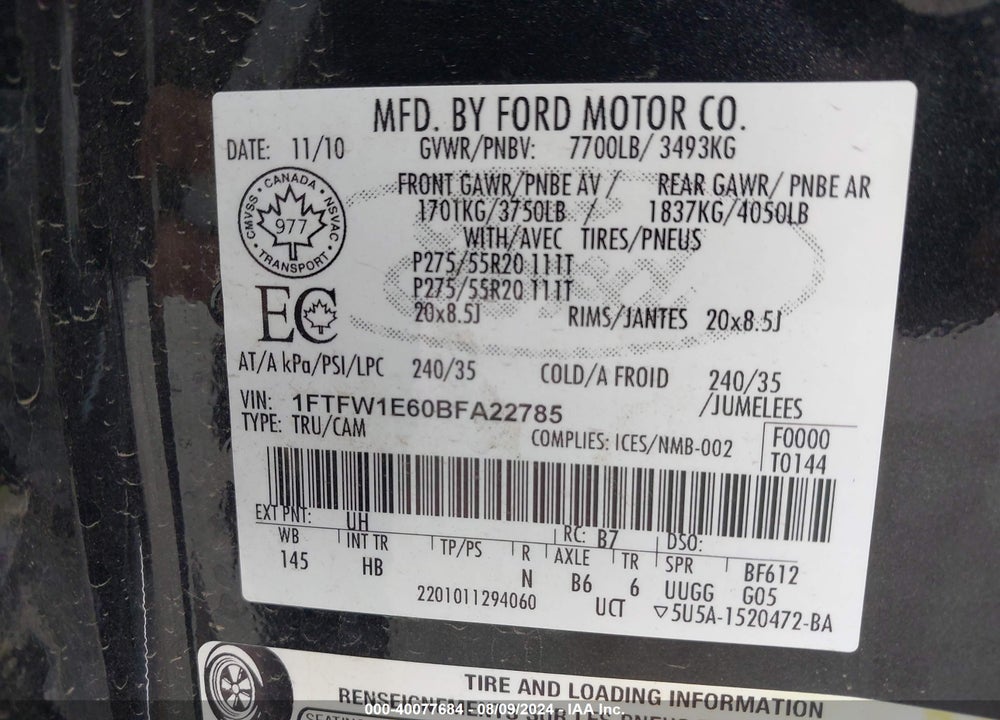 2011 FORD F-150 LARIAT VIN: 1FTFW1E60BFA22785