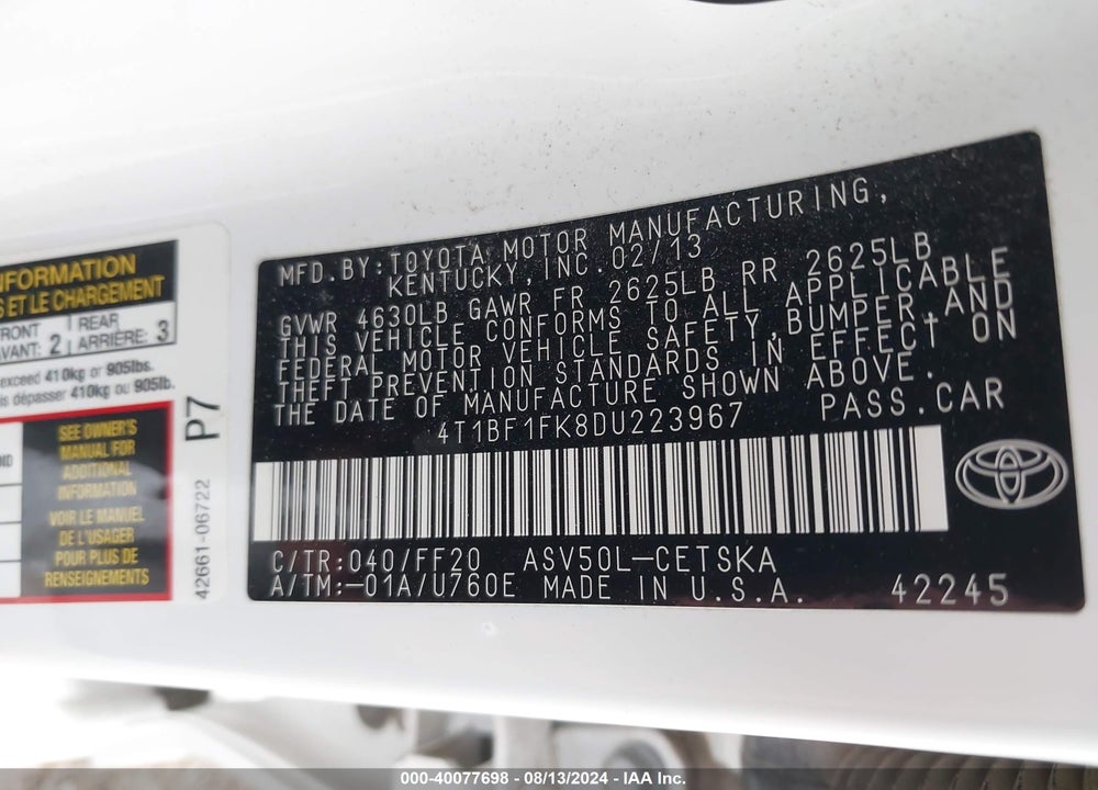 2013 TOYOTA CAMRY SE VIN: 4T1BF1FK8DU223967