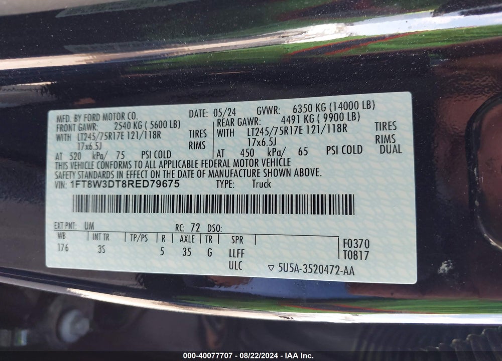 2024 FORD F-350 XLT VIN: 1FT8W3DT8RED79675