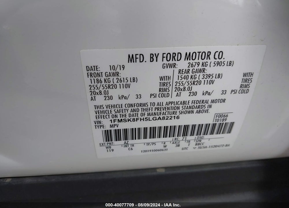 2020 FORD EXPLORER LIMITED VIN: 1FMSK8FH5LGA82216