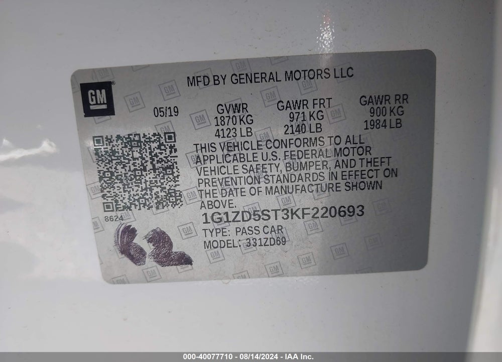 2019 CHEVROLET MALIBU VIN: 1G1ZD5ST3KF220693