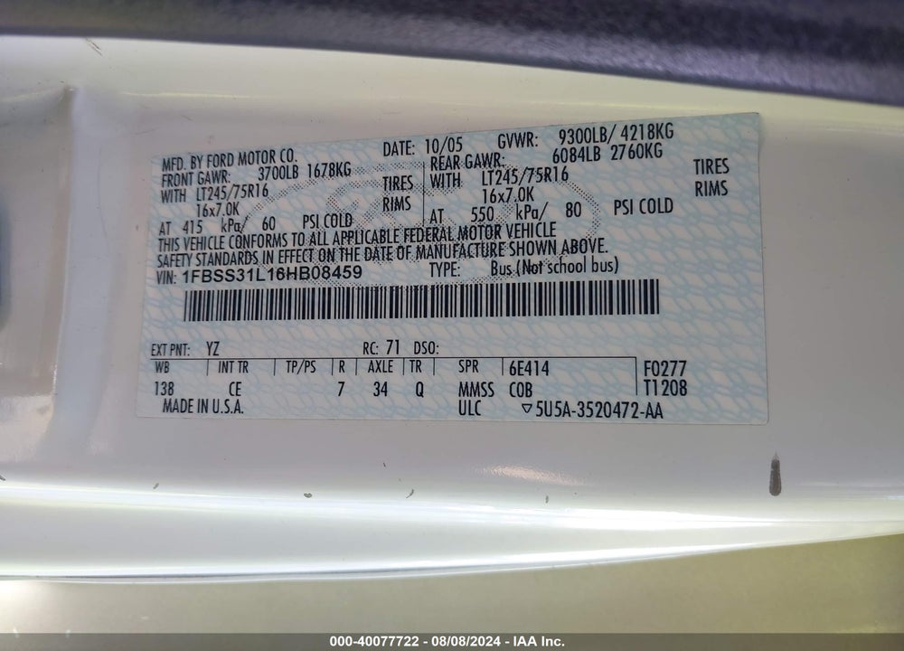 2006 FORD E-350 SUPER DUTY XL/XLT VIN: 1FBSS31L16HB08459