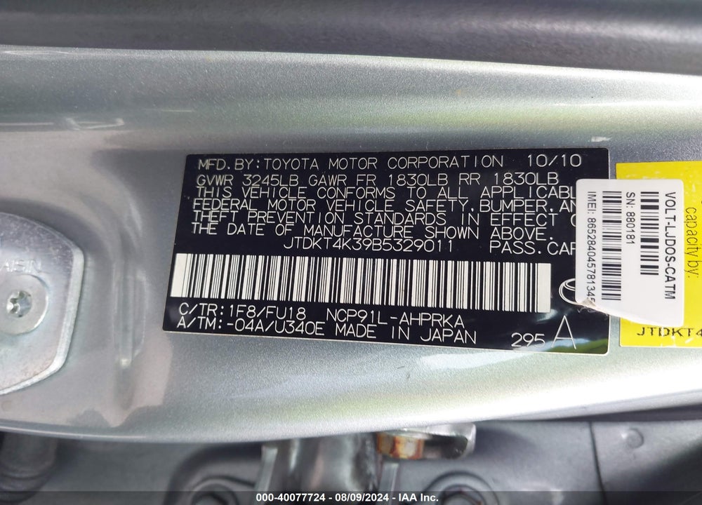 2011 TOYOTA YARIS VIN: JTDKT4K39B5329011