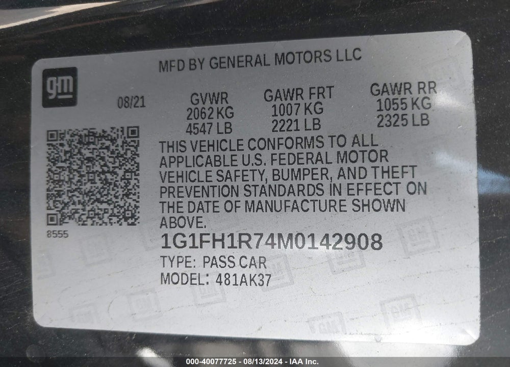 2021 CHEVROLET CAMARO VIN: 1G1FH1R74M0142908