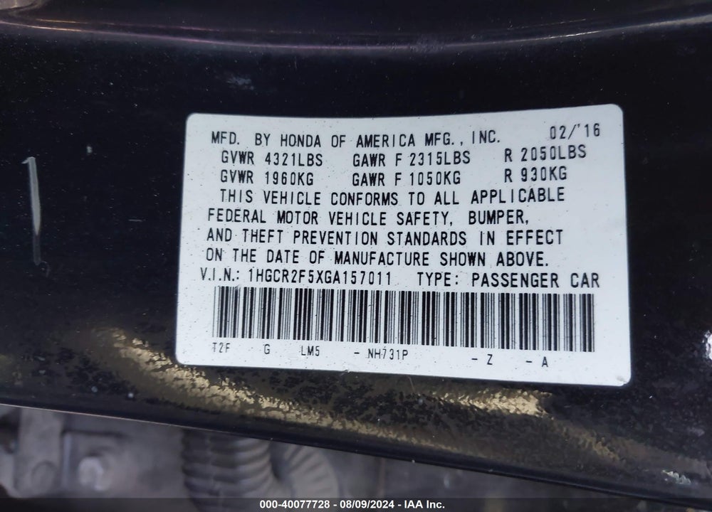 2016 HONDA ACCORD SPORT VIN: 1HGCR2F5XGA157011