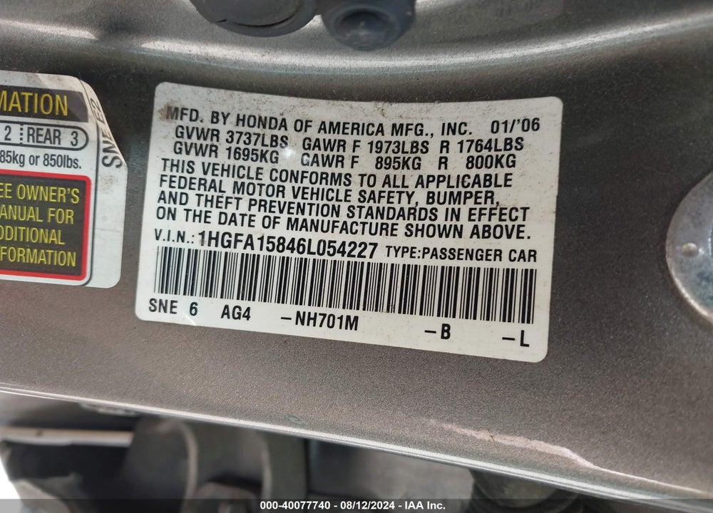 2006 HONDA CIVIC EX VIN: 1HGFA15846L054227
