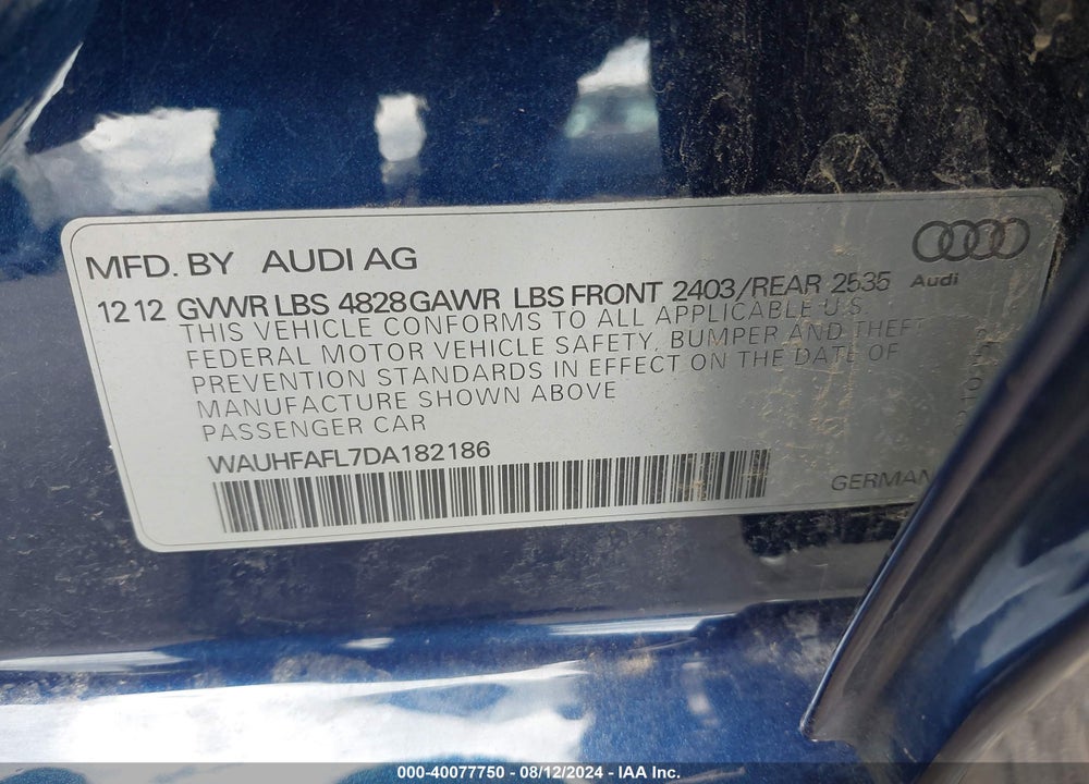 2013 AUDI A4 2.0T PREMIUM VIN: WAUHFAFL7DA182186