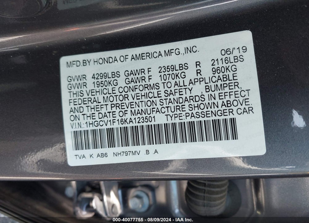 2019 HONDA ACCORD LX VIN: 1HGCV1F16KA123501