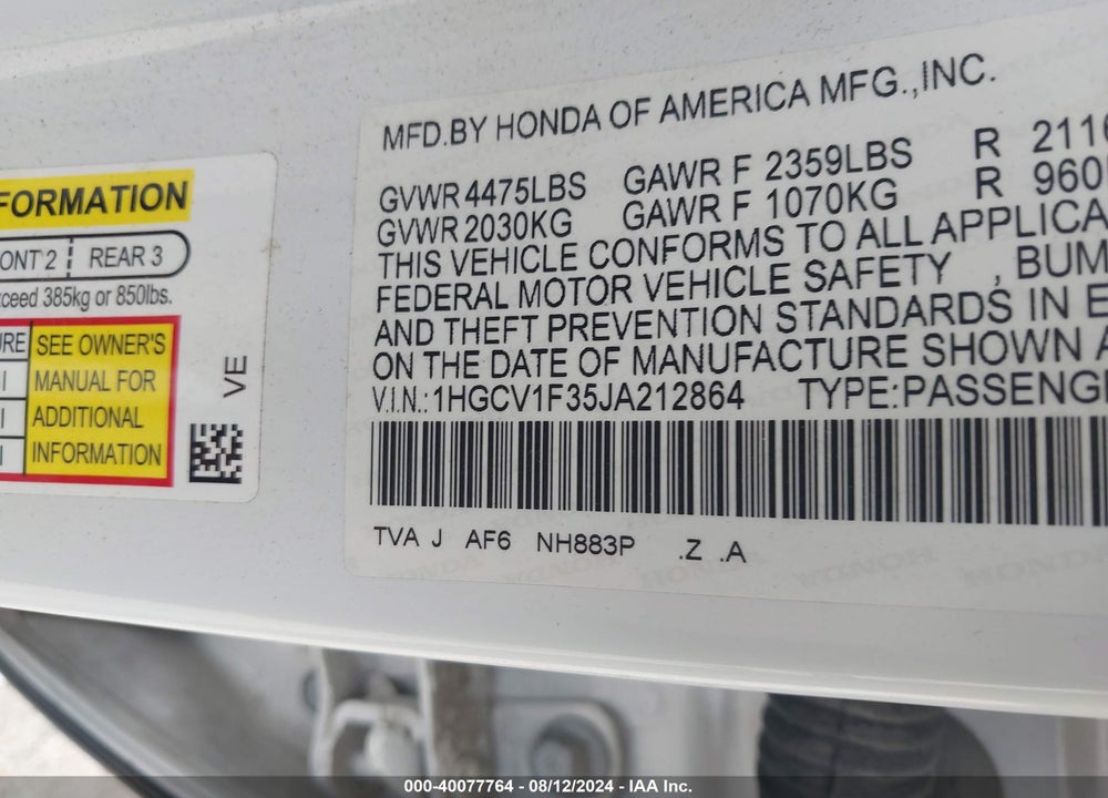 2018 HONDA ACCORD SPORT VIN: 1HGCV1F35JA212864