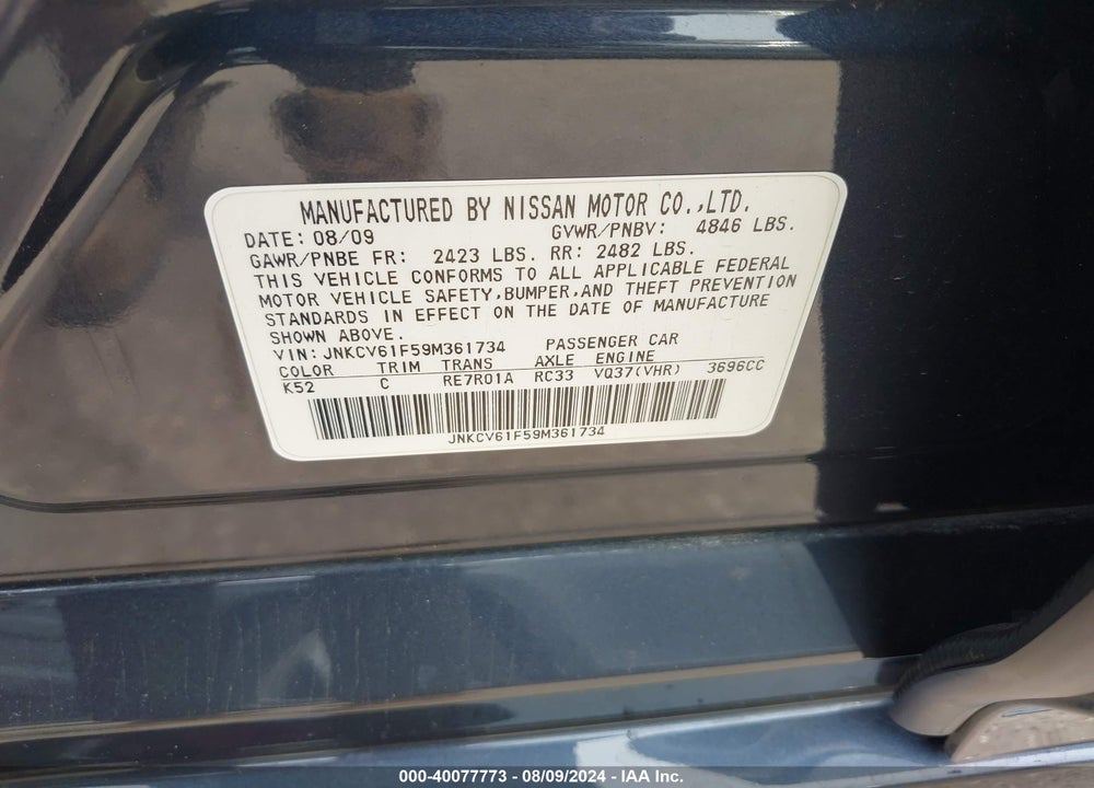 2009 INFINITI G37X VIN: JNKCV61F59M361734