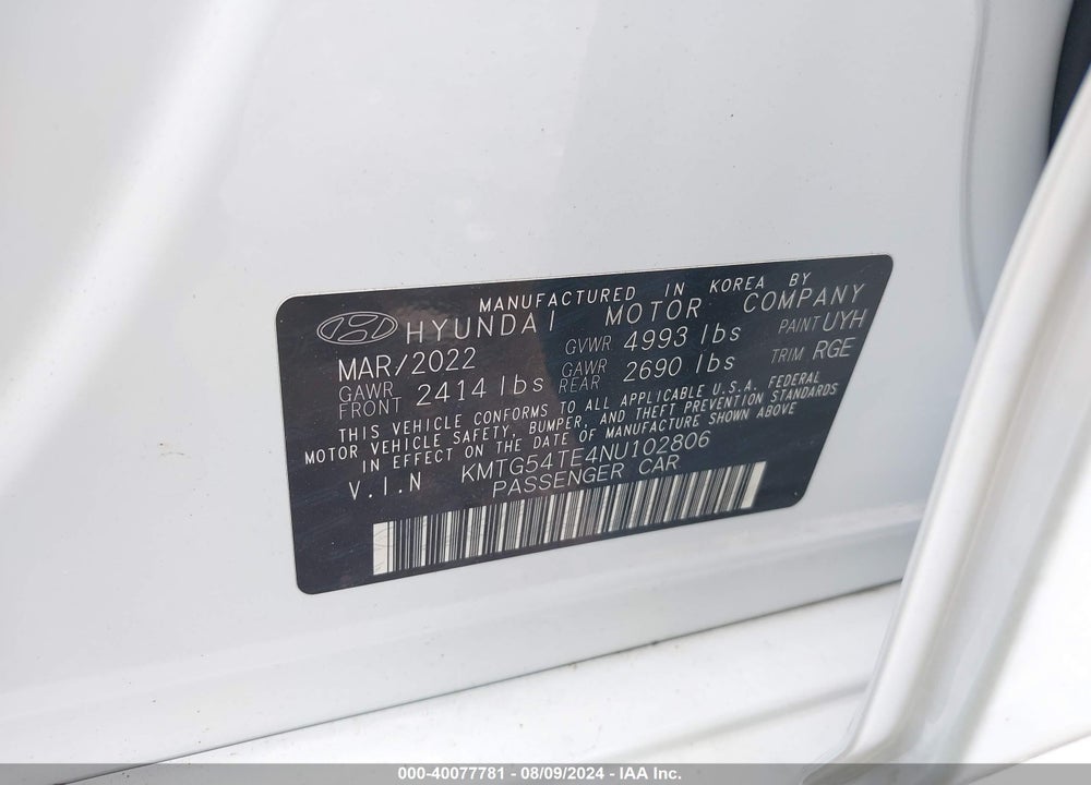 2022 GENESIS G70 3.3T AWD VIN: KMTG54TE4NU102806