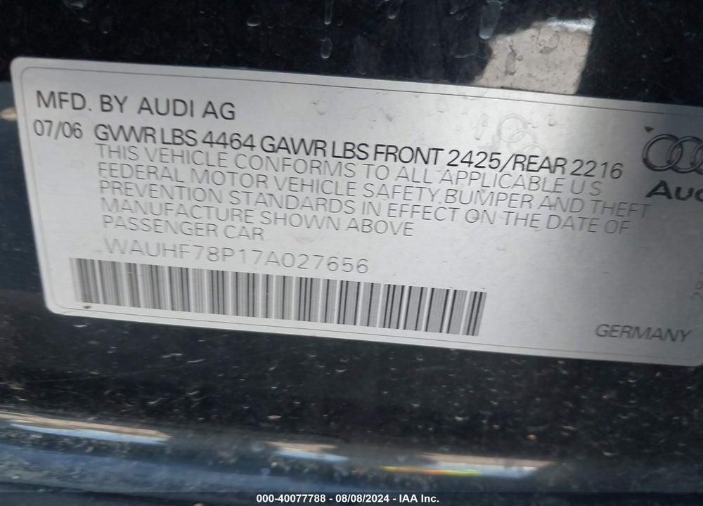 2007 AUDI A3 2.0T VIN: WAUHF78P17A027656