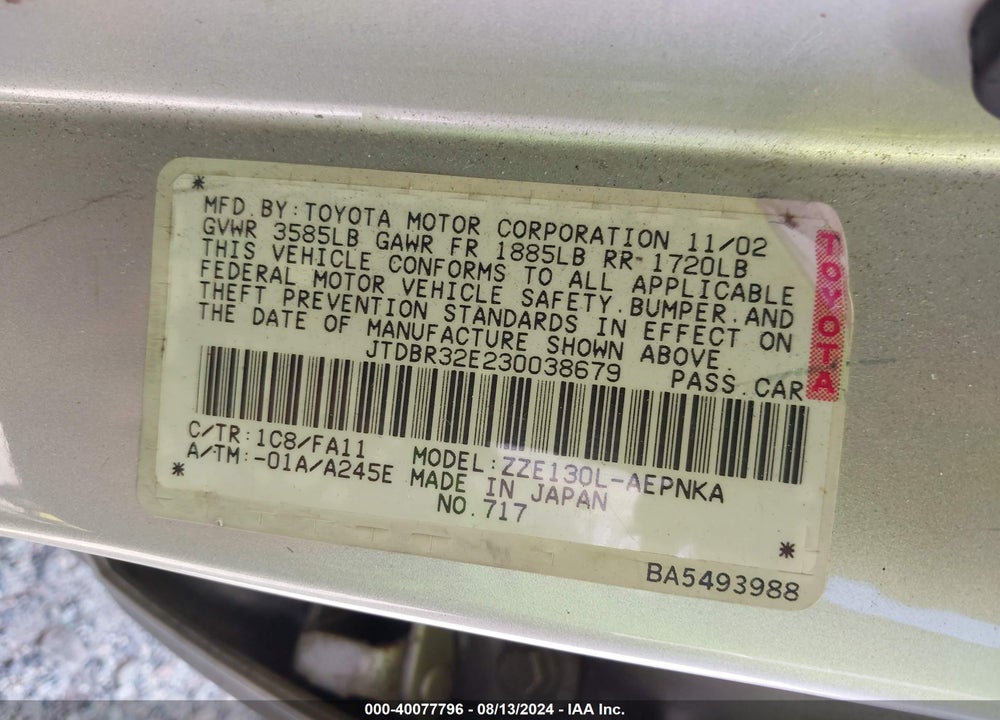 2003 TOYOTA COROLLA LE VIN: JTDBR32E230038679