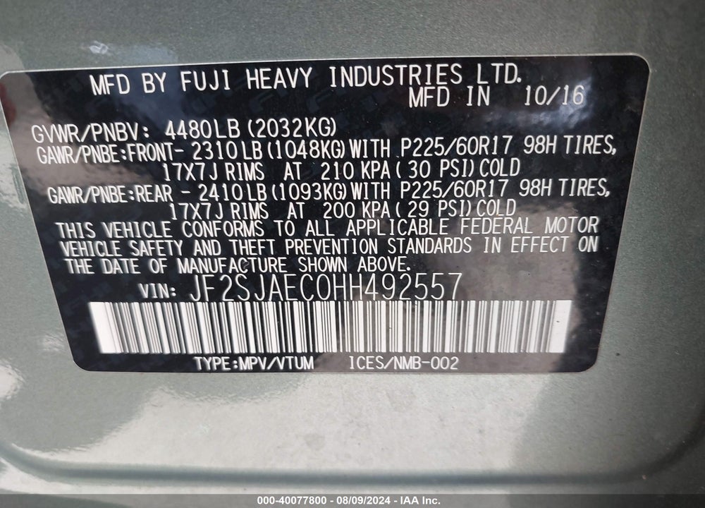 2017 SUBARU FORESTER 2.5I PREMIUM VIN: JF2SJAEC0HH492557