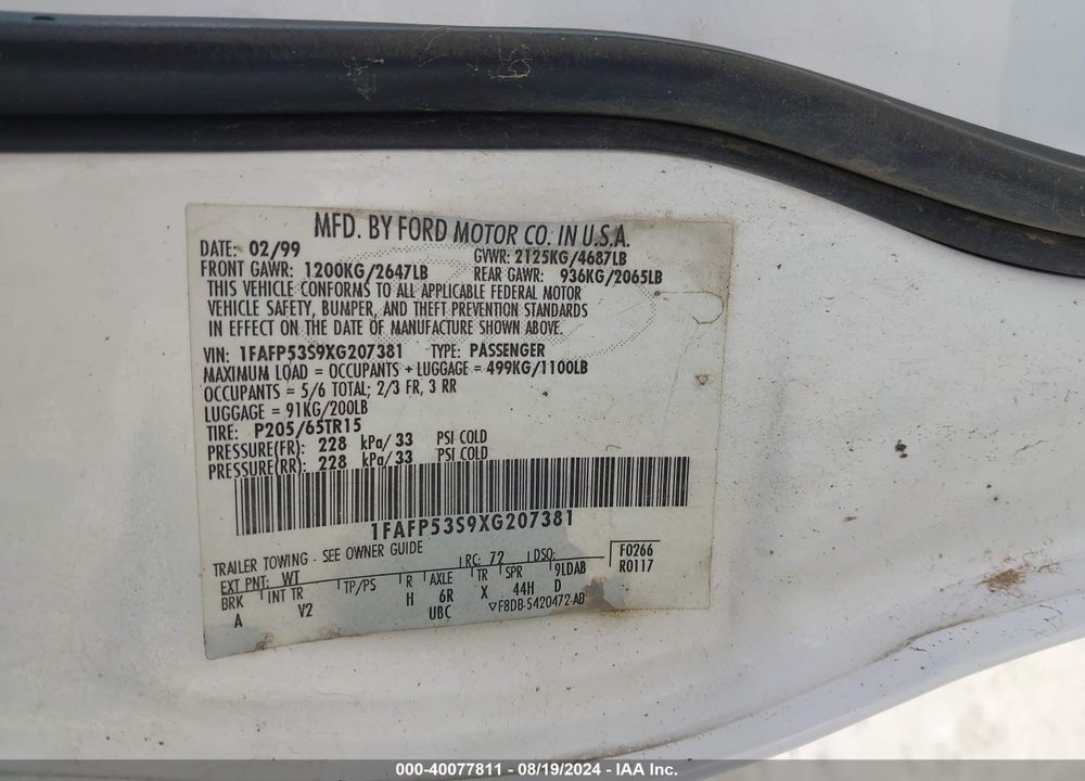 1999 FORD TAURUS VIN: 1FAFP53S9XG207381