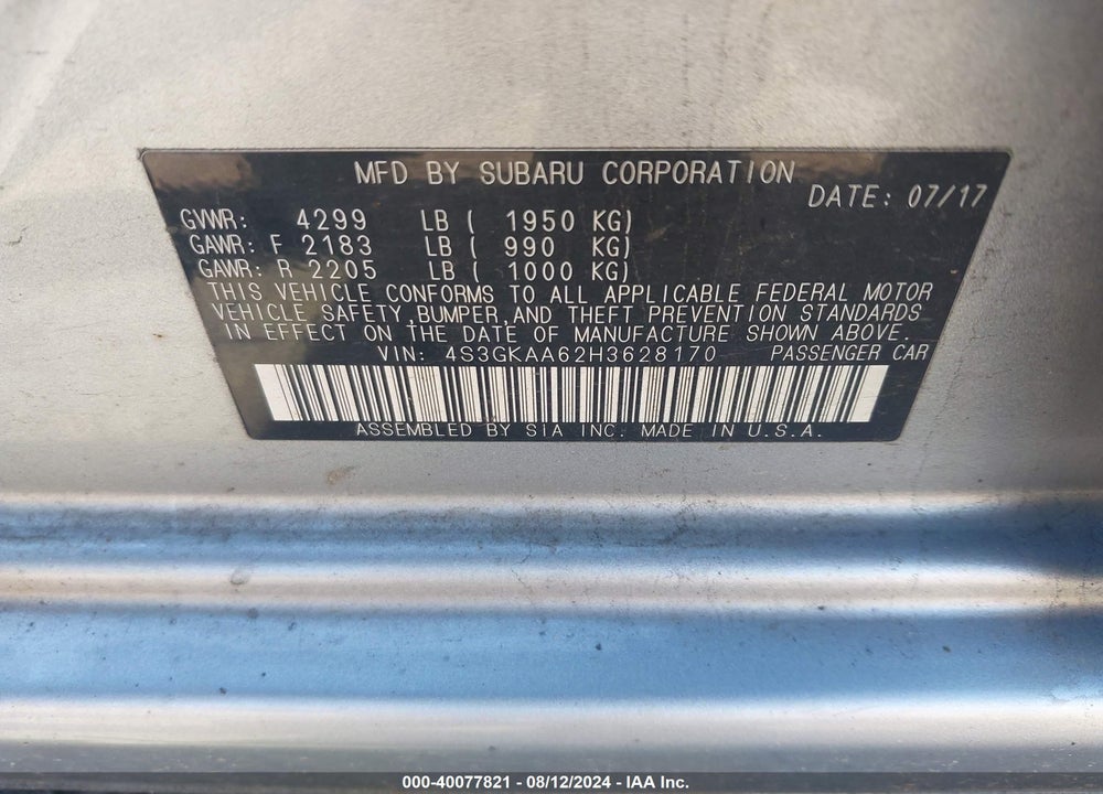 2017 SUBARU IMPREZA 2.0I VIN: 4S3GKAA62H3628170