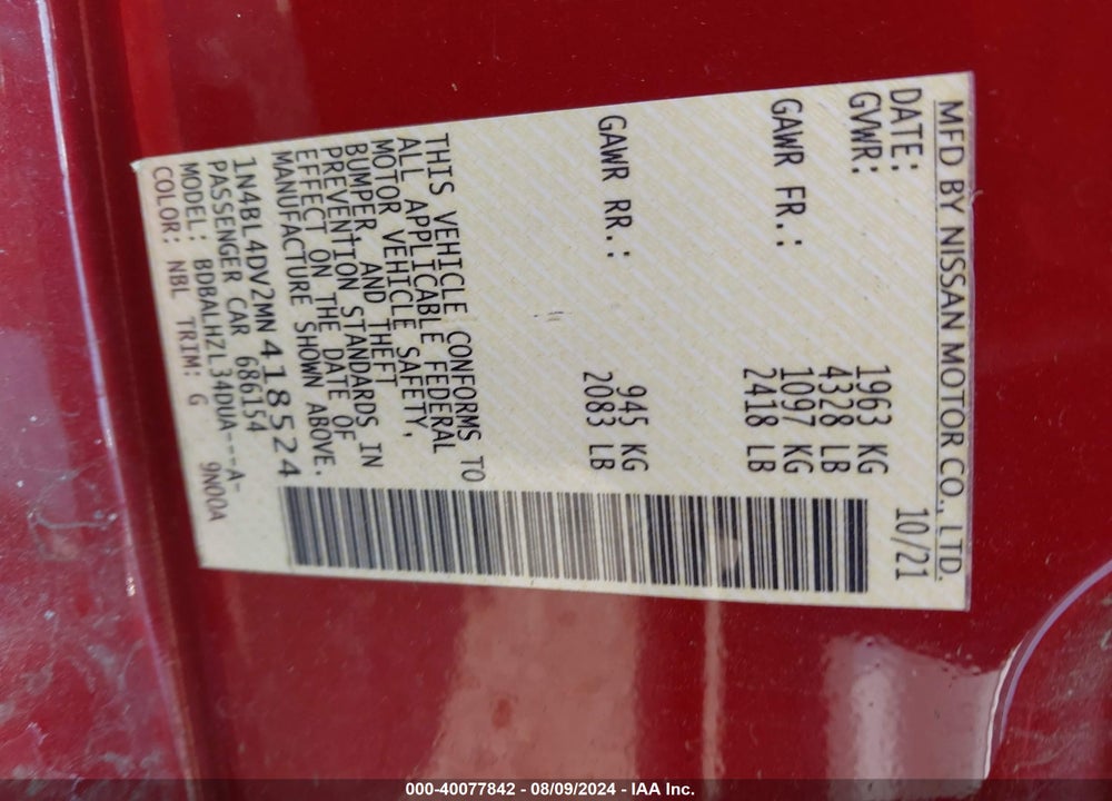 2021 NISSAN ALTIMA SV FWD VIN: 1N4BL4DV2MN418524