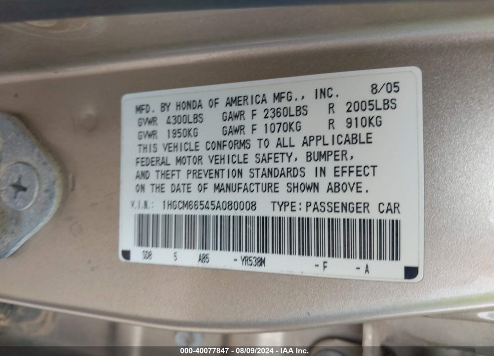 2005 HONDA ACCORD 3.0 EX VIN: 1HGCM66545A080008
