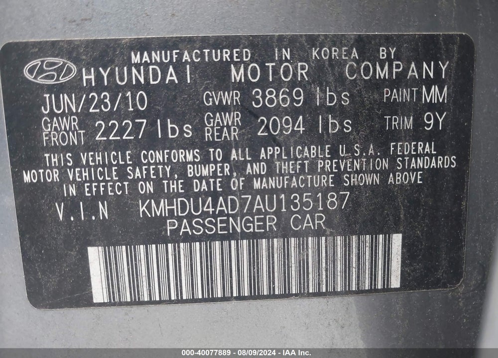 2010 HYUNDAI ELANTRA SE VIN: KMHDU4AD7AU135187
