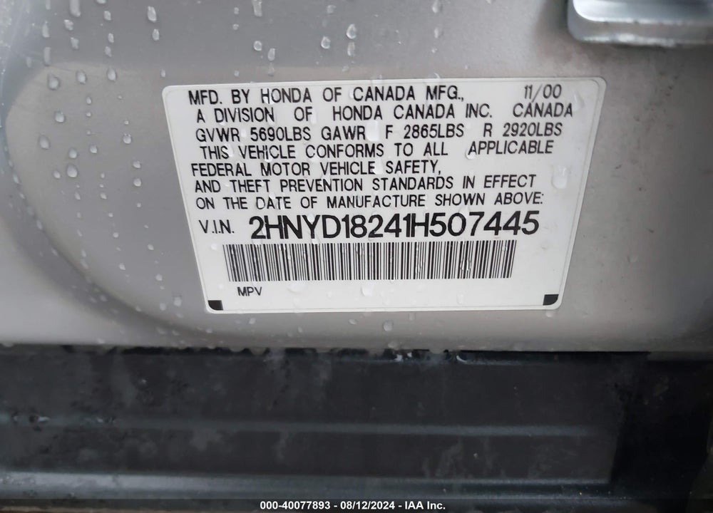 2001 ACURA MDX VIN: 2HNYD18241H507445