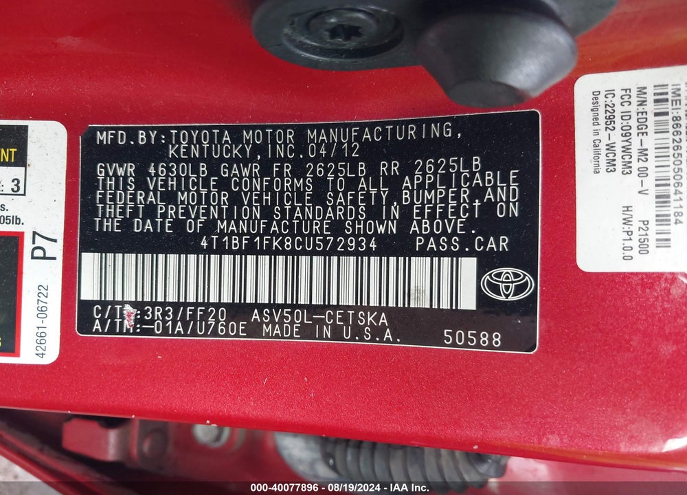 2012 TOYOTA CAMRY SE VIN: 4T1BF1FK8CU572934